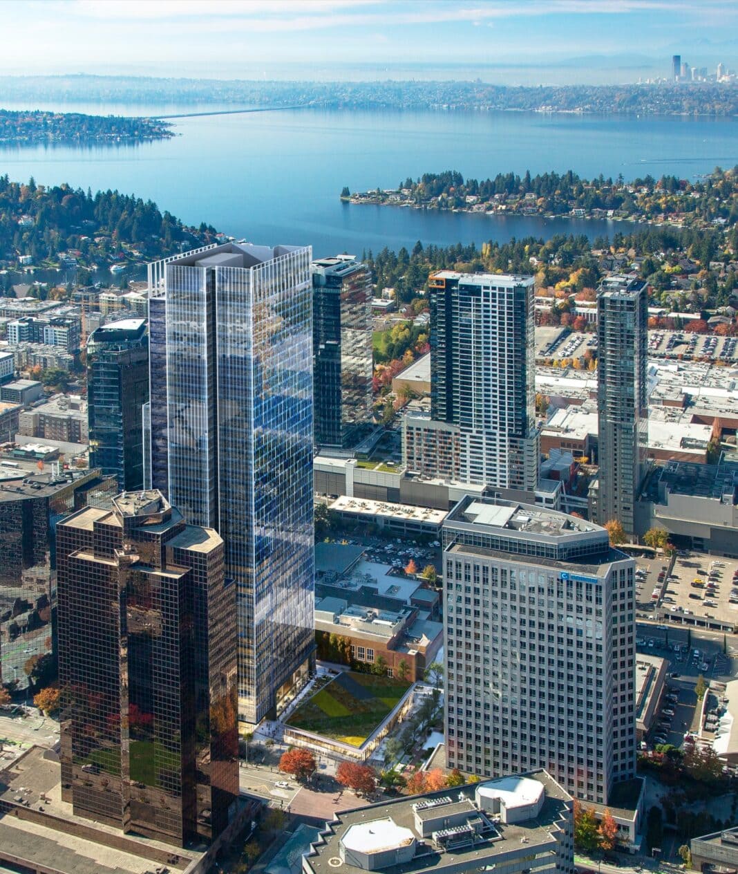 Amazon Leases Additional Two Million Square Feet of Office Space in Downtown Bellevue 555 Tower Aerial