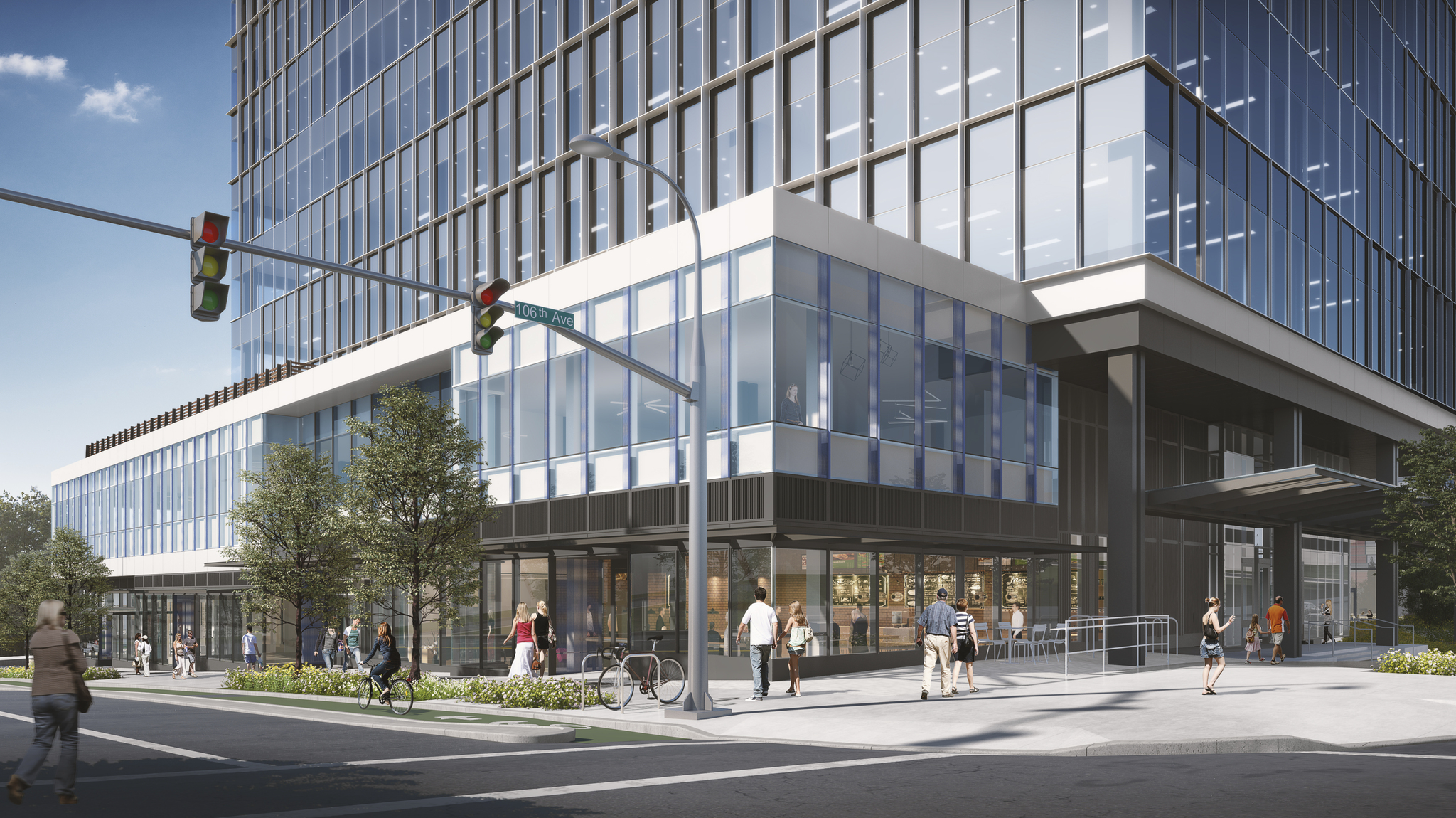 Street level view of Amazon office tower in downtown Bellevue