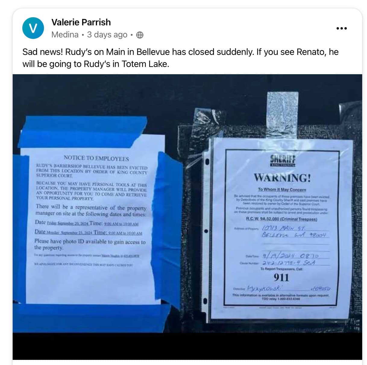 Rudy's Barbershop Eviction Notice