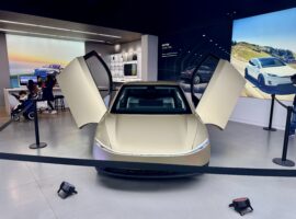 RoboTaxi Tesla on display at Tesla Bellevue Square