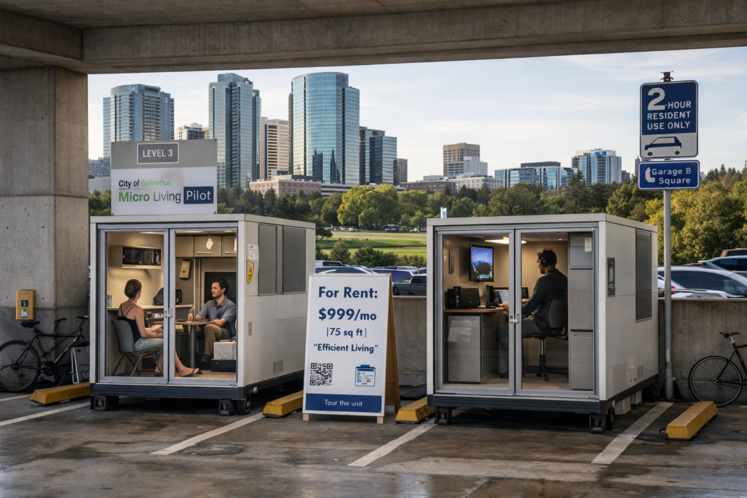 Proposal Explores Turning Parking Stalls Into 75-Square-Foot Micro Apartments in Downtown Bellevue Proposal Explores Turning Parking Stalls Into 75-Square-Foot Micro Apartments in Downtown Bellevue