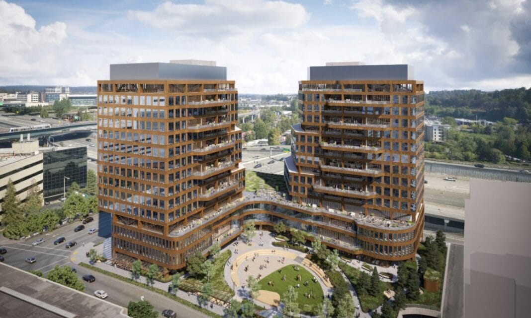 Twin 15-Story Office Towers Proposed with Largest Private Park in Bellevue Kanon Bellevue